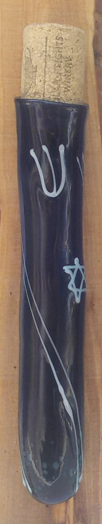 Glass blown hand made Mezuzah cover. The backing is made of local, Holy Land, olive tree.